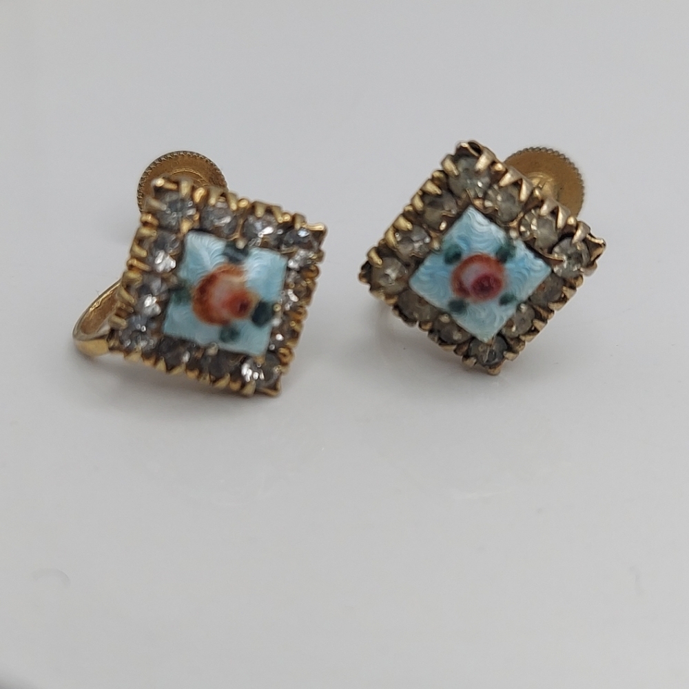 Vintage Brass and Blue Floral Screwback Earrings.